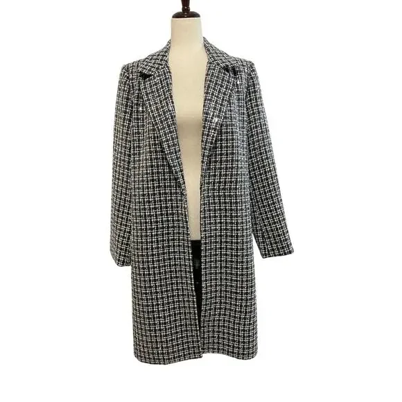 Anthropologie Mare Mare Sequin Tweed Coat Plaid Women’s M Black White New - Picture 3 of 16